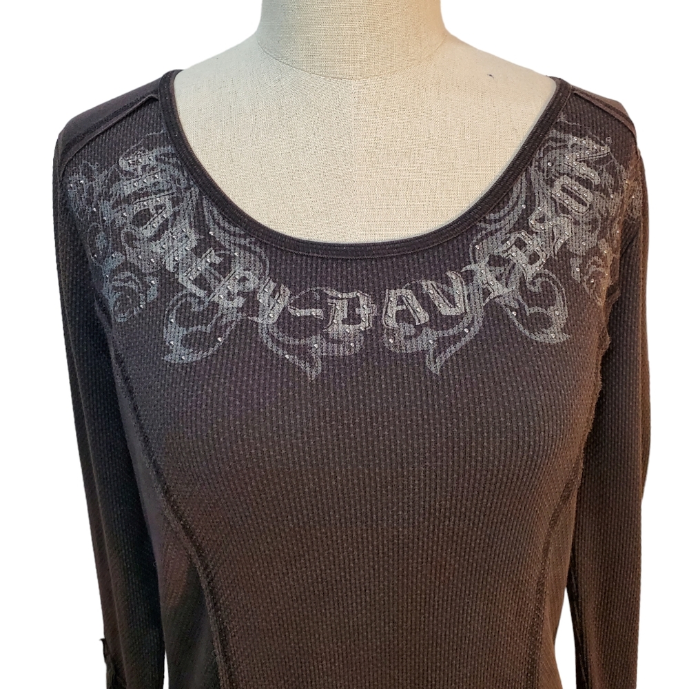 Harley Davidson Gray Thermal Top Metallic Beads Sleeve Embellishments Top Size M - Picture 3 of 8